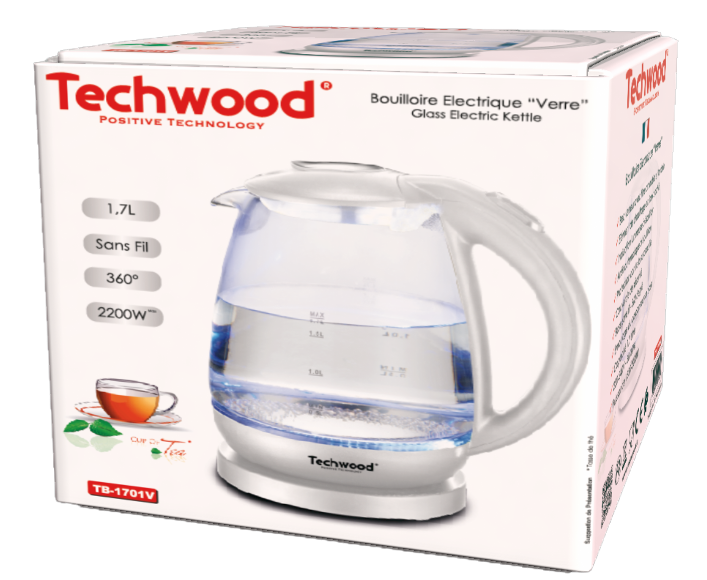 Techwood Fierbător de sticlă de 1,7 l, transparent